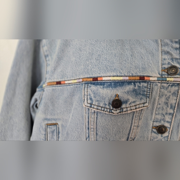 ba&sh Light Wash Denim Jacket with Multicolor Stitched Trim NWT - Picture 2 of 8